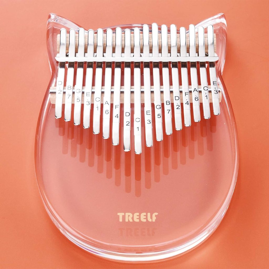 TREELF Kalimba 17 Keys Cute Cat Acrylic Thumb Piano Mbira Transparent Keyboard Finger Piano Gifts for Kids and Adults Beginners (TF-17C)