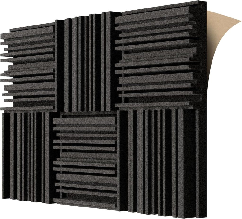 TroyStudio Self-adhesive Acoustic Foam Panels, 12 X 12 X 2 Inches 6 Pcs Broadband Sound Absorbing Foam, Dense Soundproof Padding Tile, Recording Studio Foam Absorber, Groove Decorative 3D Wall Panel