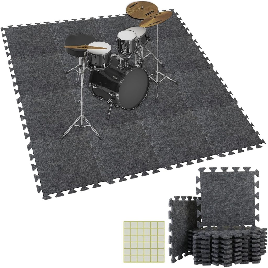 TroyStudio Thick Sound Absorbing Interlocking Floor Mats, 16 Pcs 11x 11 x 0.4 inches High Density Piano Carpet Drum Rug, Non-Slip Anti Vibration Soundproof Pads Acoustic Blankets for Music Studio