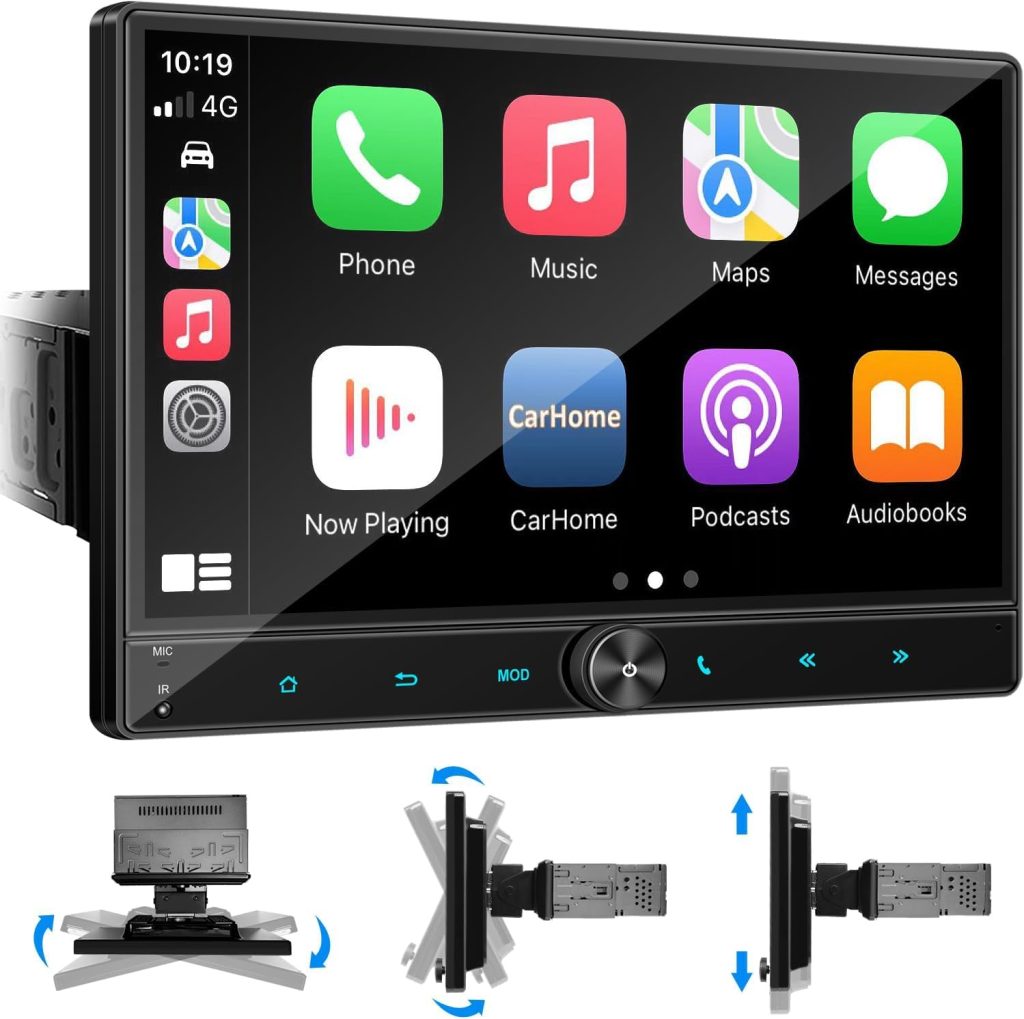 Trumsey Adjustable Single Din 10.5 HD Large Touchscreen Car Stereo，Apple Carplay and Android Auto,Surrounding Bluetooth Audio,Car Radio,Steering Wheel,Mirror Link,FM/AM/AUX/USB/SD for All Vehicles