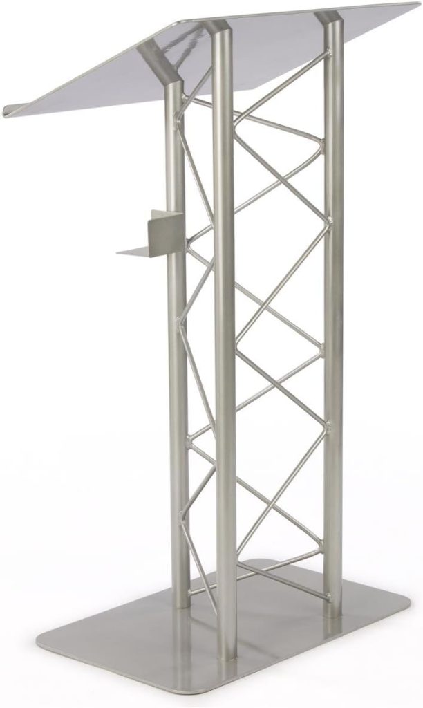 Truss Lectern for Speaker, 27w x 48h x 18.5d, Includes Cup Holder, Silver Podium Stand - Aluminum and Steel Construction