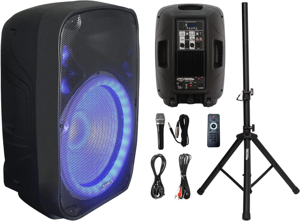 TUMAN Pro Portable 15-Inch PA Speaker System DJ Amplified Loud Speaker with Stand Bluetooth/USB/SD Card Reader/FM Radio/Remote Control/LED Light, Good for Churches, Bands, Parties