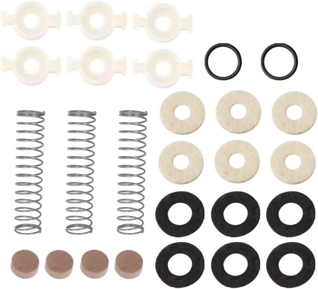 TUOREN Trumpet Repair Kit include 6 Piston Valve Guides 12 Felt Washers 4 Water Key Spit Valve Cork Pad 3 Spring 2 O Ring Bumper Stopper Trumpet Valve Replacement Parts