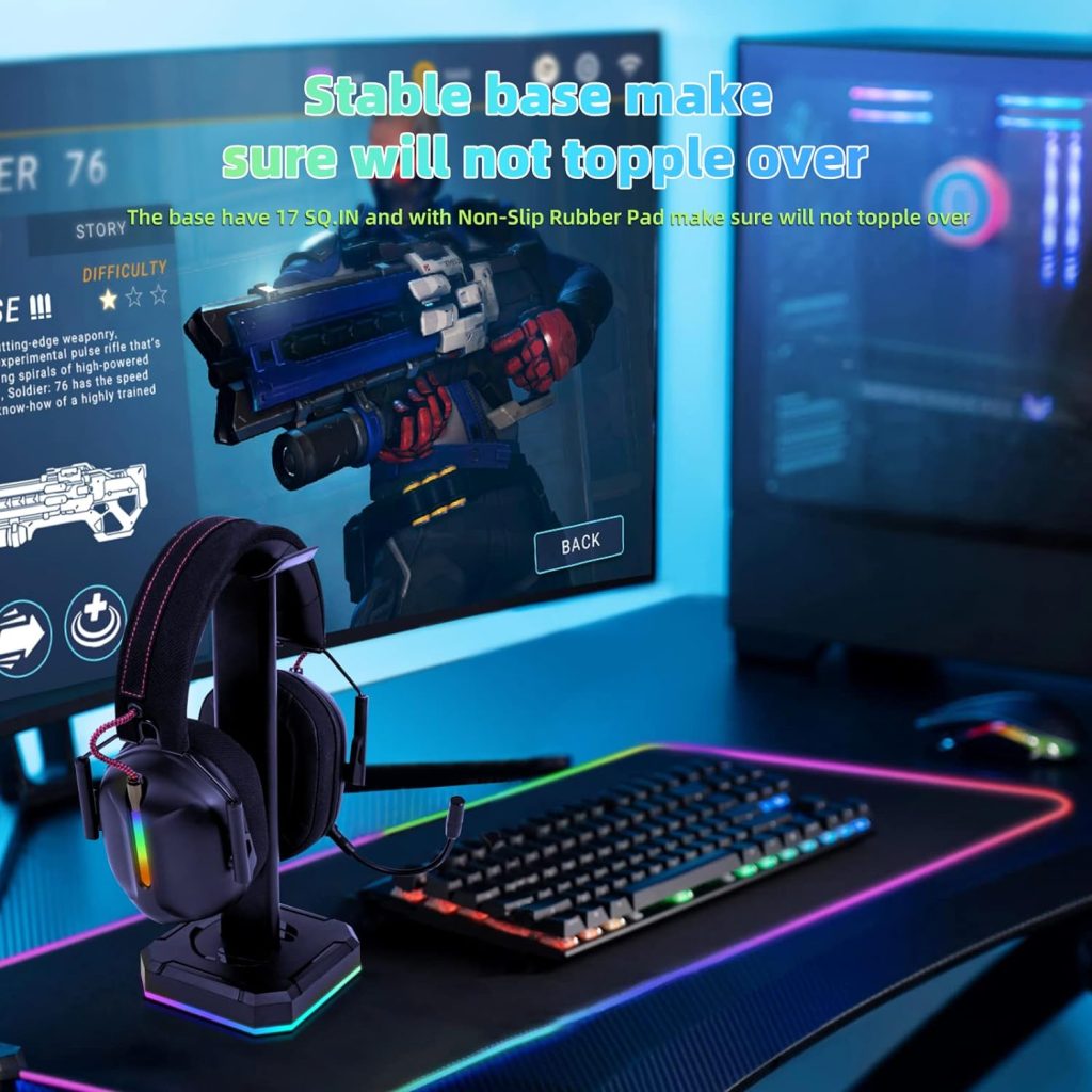 TuparGo Headphone Stand with Single Rolling RGB Light for Desk PC Gaming Headset,Aluminum Alloy Connecting Rod and Non-Slip Rubber Pad, Suitable for All Over -Ear Headphone(Basic Black)