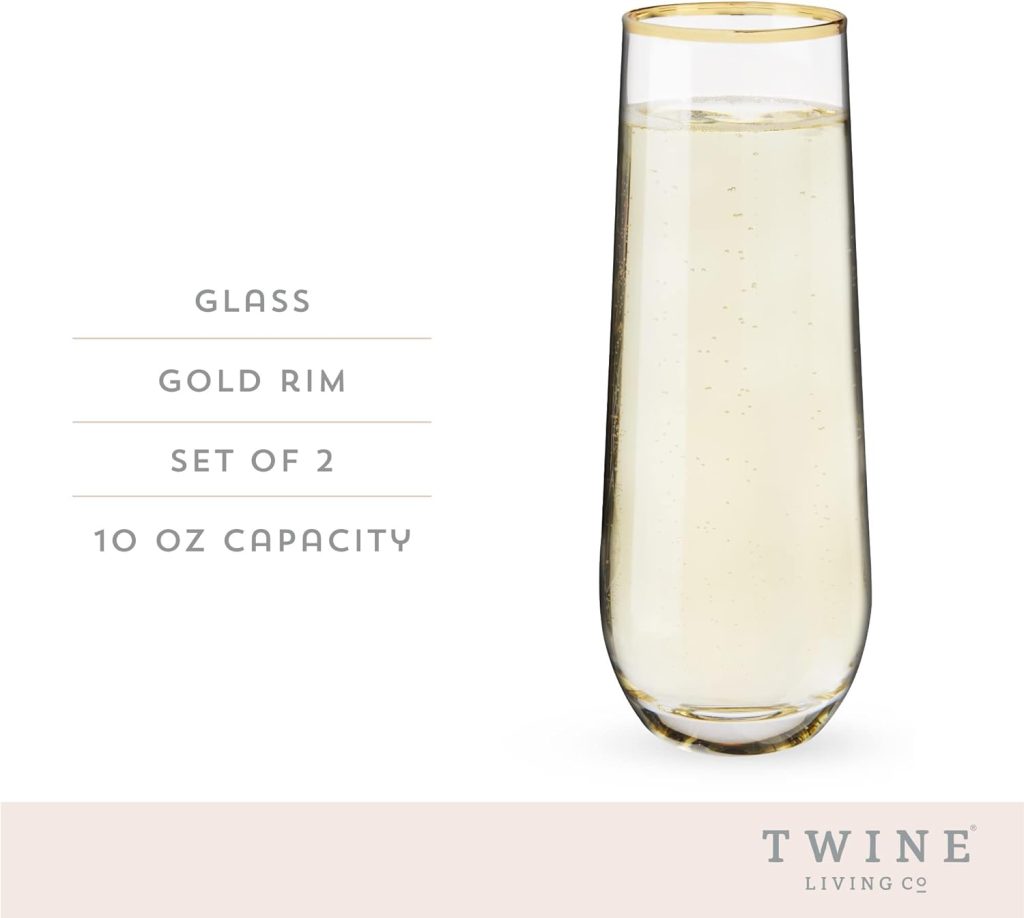Twine Gilded Champagne Flutes, Gold Rimmed Clear Set, Stemless Wine Glasses, Set of 2, 10 Ounces, 2 Count (Pack of 1)