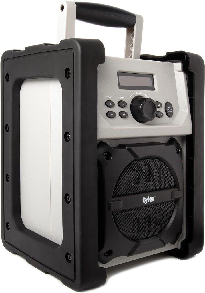 Tyler Bluetooth Jobsite Radio Speaker Wireless Battery Powered Or AC/DC - 100+ Feet Rang - USB - AUX Out - Full Band FM Radio - IPX5 Water Resistant - Outdoor Indoor Durable Portable Speaker TWS407