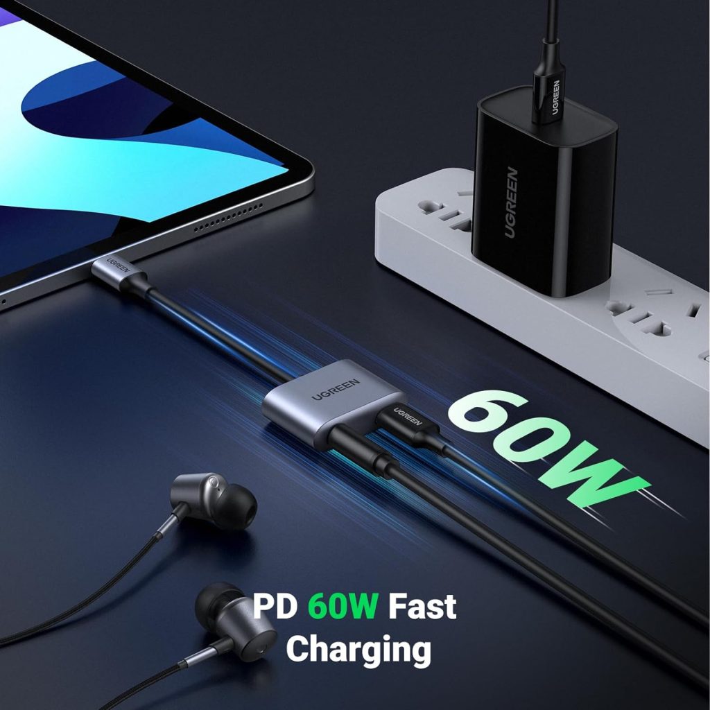 UGREEN USB C to 3.5mm Headphone and Charger Adapter 2 in 1 Type C to Aux Audio Jack with PD 60W Fast Charging Dongle for Headphone Earbud Compatible with Samsung S23 Ultra Note 20 Pixel 5 iPad Pro Air