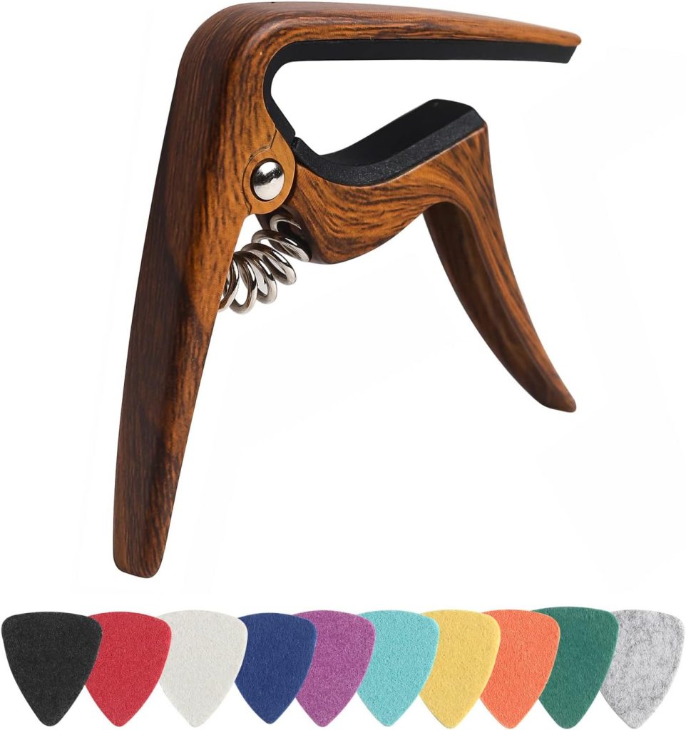 Ukulele Capo for Soprano, Concert, Tenor, Baritone Ukulele with felt picks (Walnut)