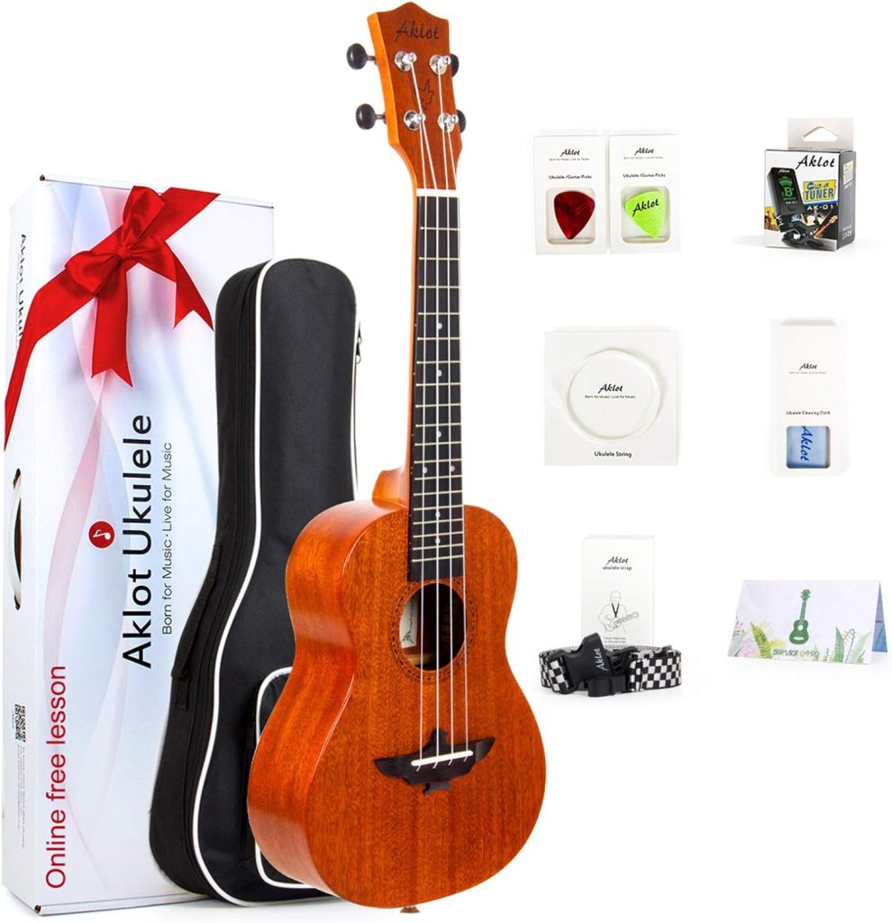 Ukulele for Left-Handed, AKLOT Concert Uke 23 Inch Solid Mahogany Ukelele Beginner Kit (Gig Bag, Picks, Tuner, Strap, String, Cleaning Cloth)