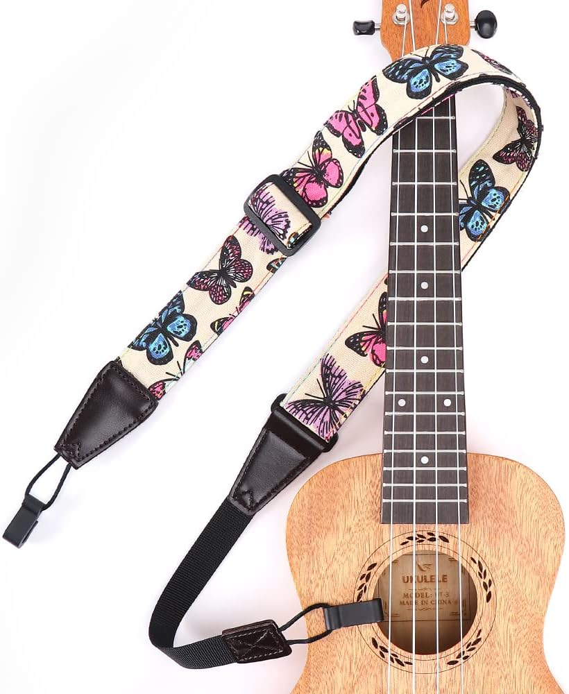 Ukulele Strap No Drill, Eyeshot Adjustable Double J Hook Clip on Uke Shoulder Strap, Hawaiian Butterfly Printing Hands Free Ukelele Strap, Easy to Use and Fit Most Standard Uke Sizes