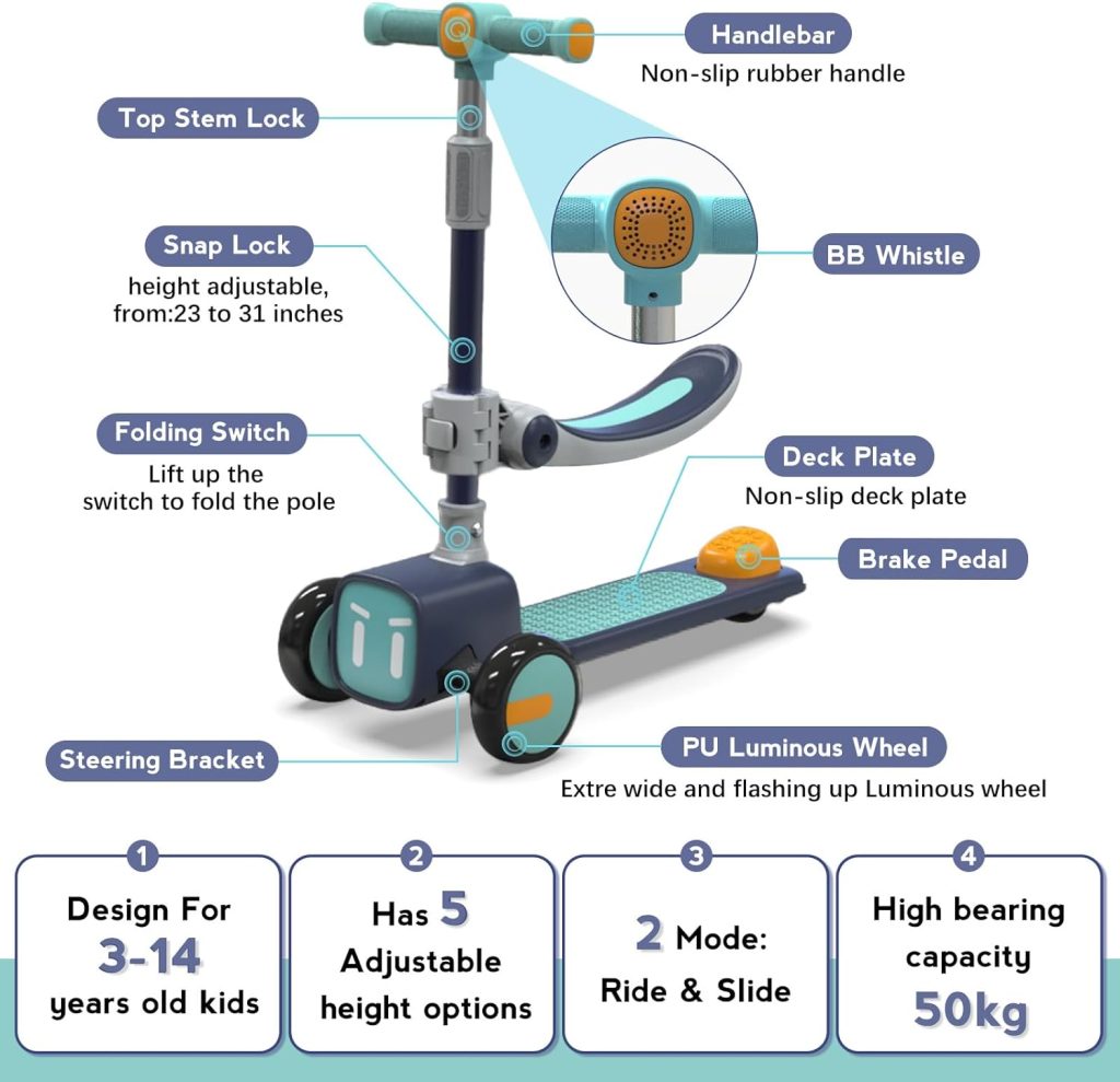 Unbreakable  Never Fall Down 2-in-1 Scooters Kids 3 Wheel Kick Scooter for Boys Girls Ages 3-14, Adjustable Height  Removable Seat, Widened Non-Slip Deck, More Safer for Beginner Toddlers