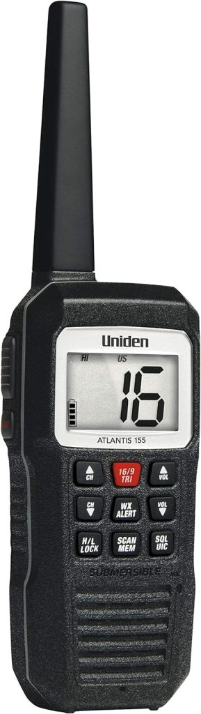 Uniden Atlantis 155 Handheld Two-Way VHF Marine Radio, Floating IPX8 Submersible Waterproof, Dual-Color Screen, All USA/International/Canadian Marine Channels, NOAA Weather Alert, 10 Hour Battery