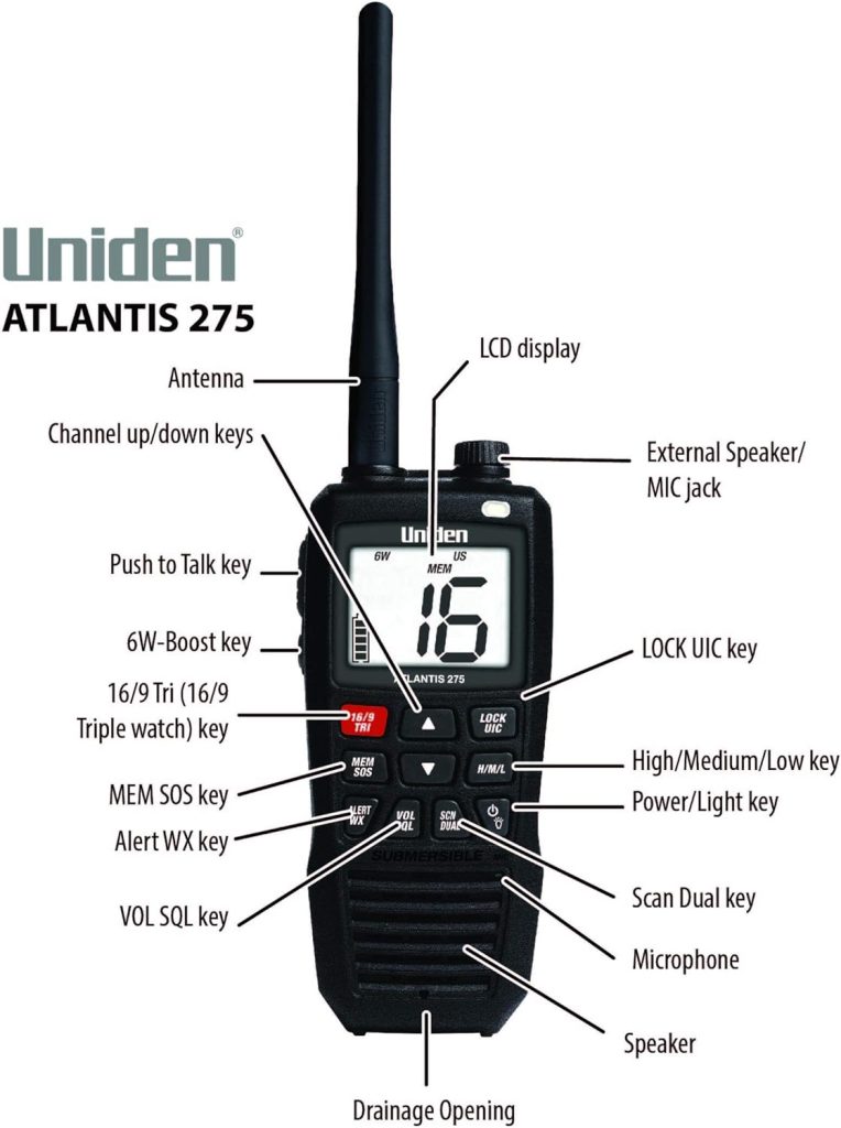 Uniden Atlantis 275 Handheld Two-Way VHF Marine Radio, Floating IPX8 Submersible Waterproof, Large Dual-Color Screen, 6-Watt, All USA/International/Canadian Marine Channels, NOAA Weather Alerts