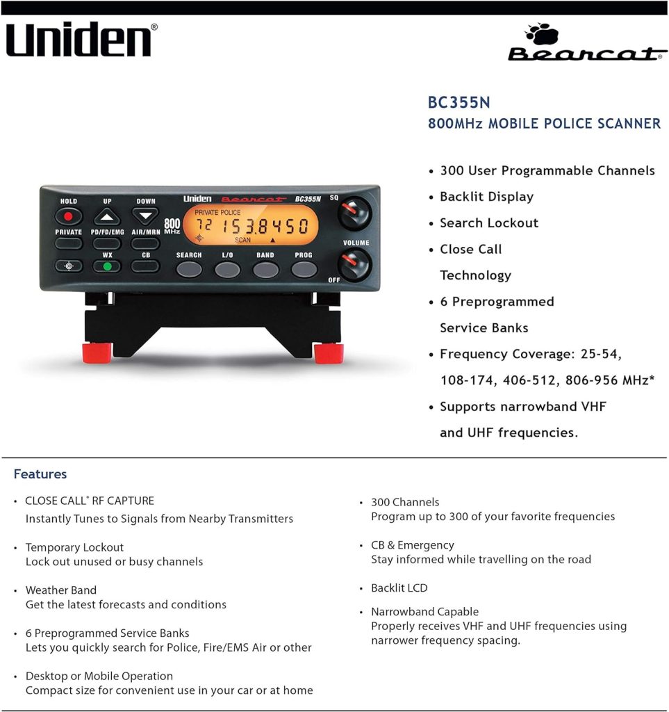 Uniden BC355N 800 MHz 300-Channel Base/Mobile Scanner, Close Call RF Capture, Pre-programmed Search “Action” Bands to Hear Police, Ambulance, Fire, Amateur Radio, Public Utilities, Weather, and More, Black