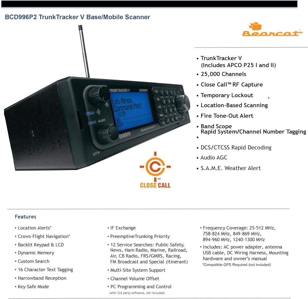 Uniden BCD996P2 Digital Mobile TrunkTracker V Scanner, 25,000 Dynamically Allocated Channels, Close Call RF Capture Technology, 4-Line Alpha display, Base/Mobile Design, Phase 2, Location-Based Scanning