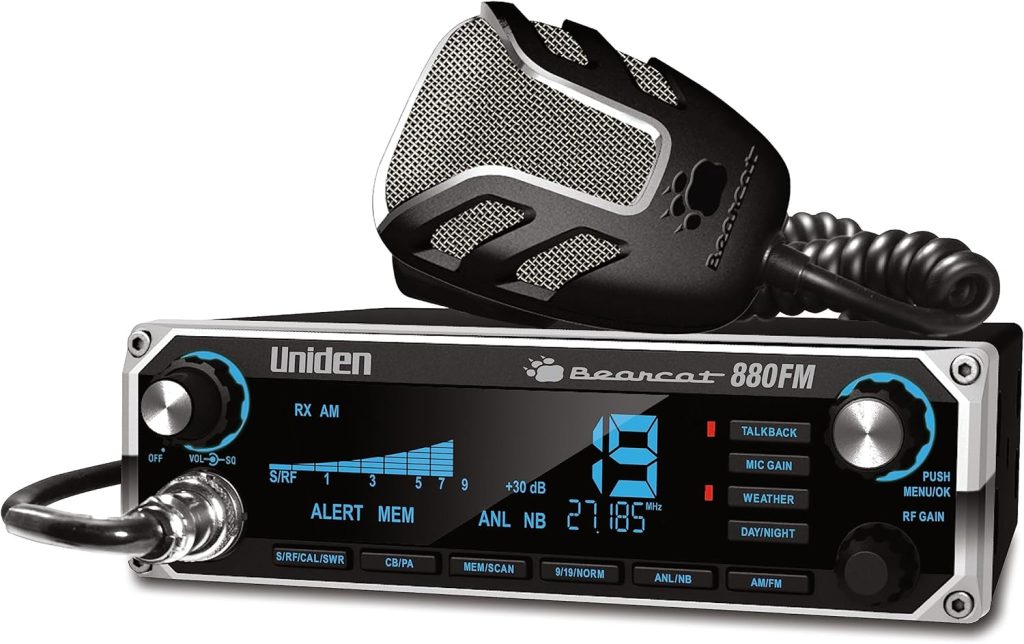 Uniden Bearcat 880FM CB Radio, 40 Channels with Dual-Mode AM/FM, Large Easy-to-Read Backlit 7-Color LCD Display, Backlit Knobs/Buttons, NOAA Weather Alert, PA/CB Switch, and Wireless Mic Compatible