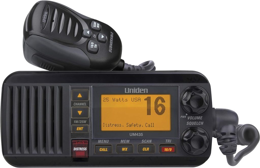 Uniden UM435BK Advanced Fixed Mount VHF Marine Radio, All USA/International/Canadian Marine Channels including new 4-Digit, CDN “B” Channels, 1 Watt/25 Watt Power, Waterproof IPX8 Submersible, Black