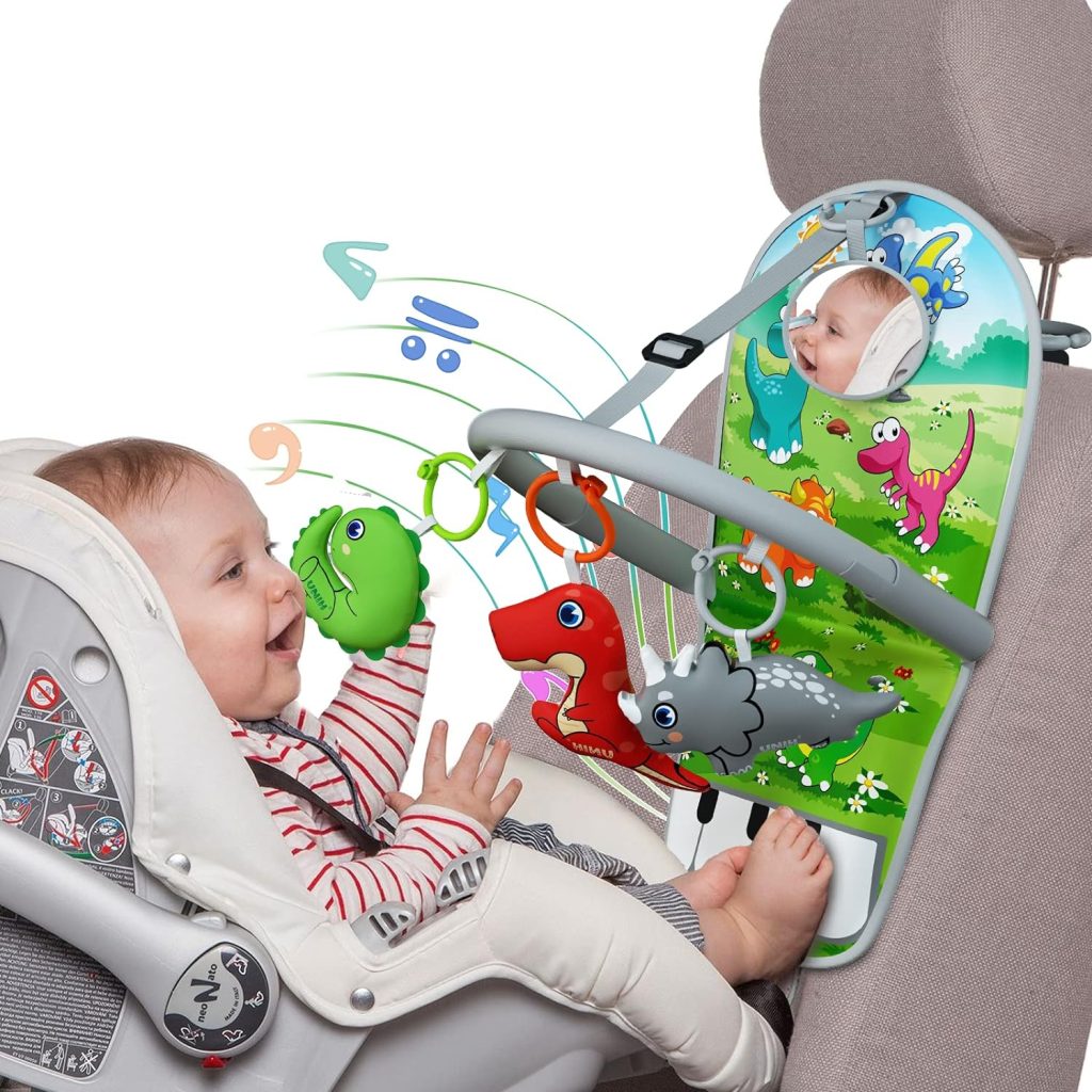 UNIH Car Seat Toys for Baby Infant 6 Months and Up, Pedal Piano Adjustable Carseat Toys with Music, Baby Mirror and Hanging Squeaky Sensory Soft Baby Toys 6 to 12 Months