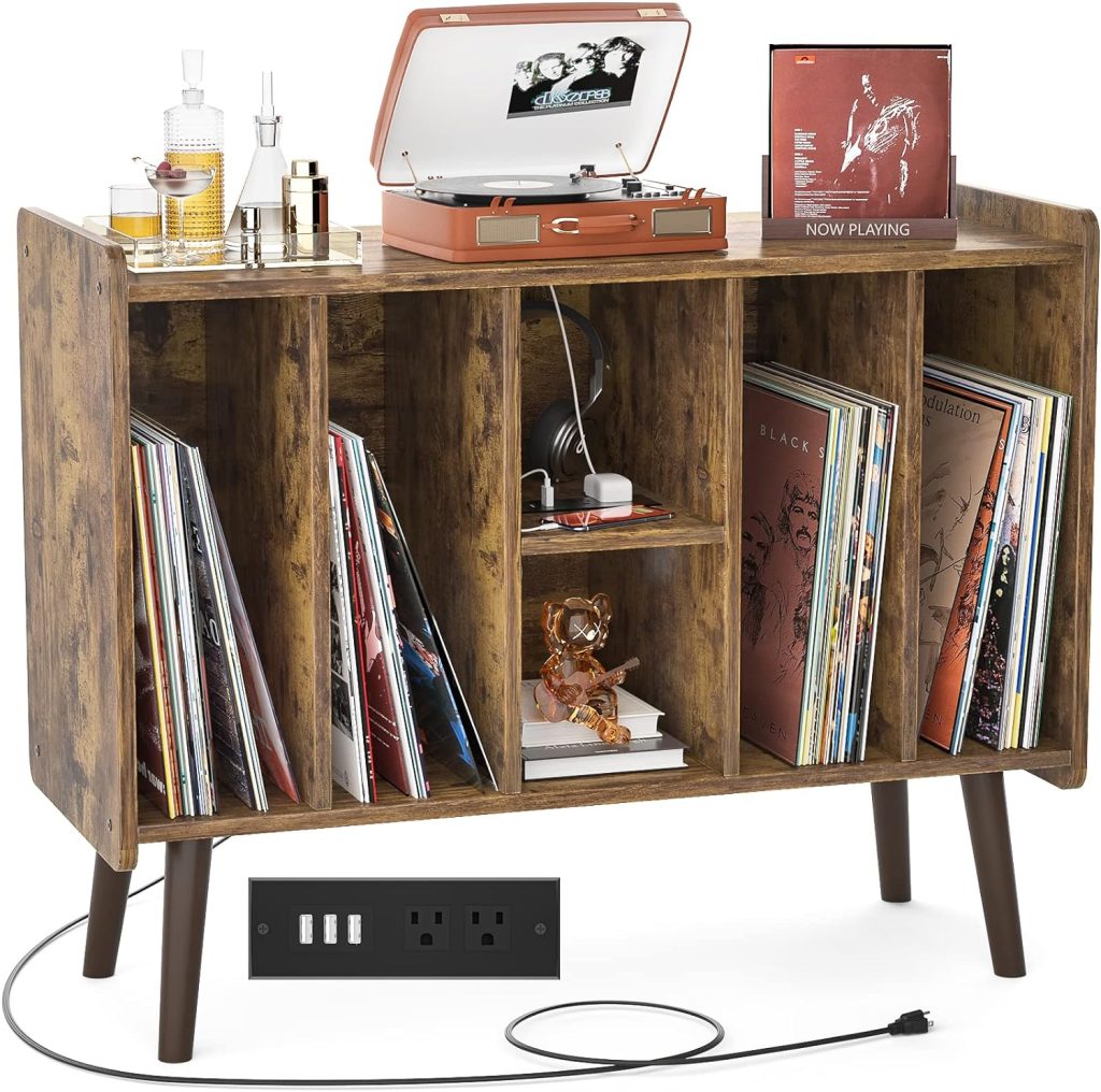 Unikito Large Record Player Stand, Vinyl Record Storage Table with Power Outlet Holds Up to 200 Albums, Turntable Stand with Wood Legs, Vinyl Holder Display Shelf for Bedroom Living Room, Rustic Brown : Home  Kitchen