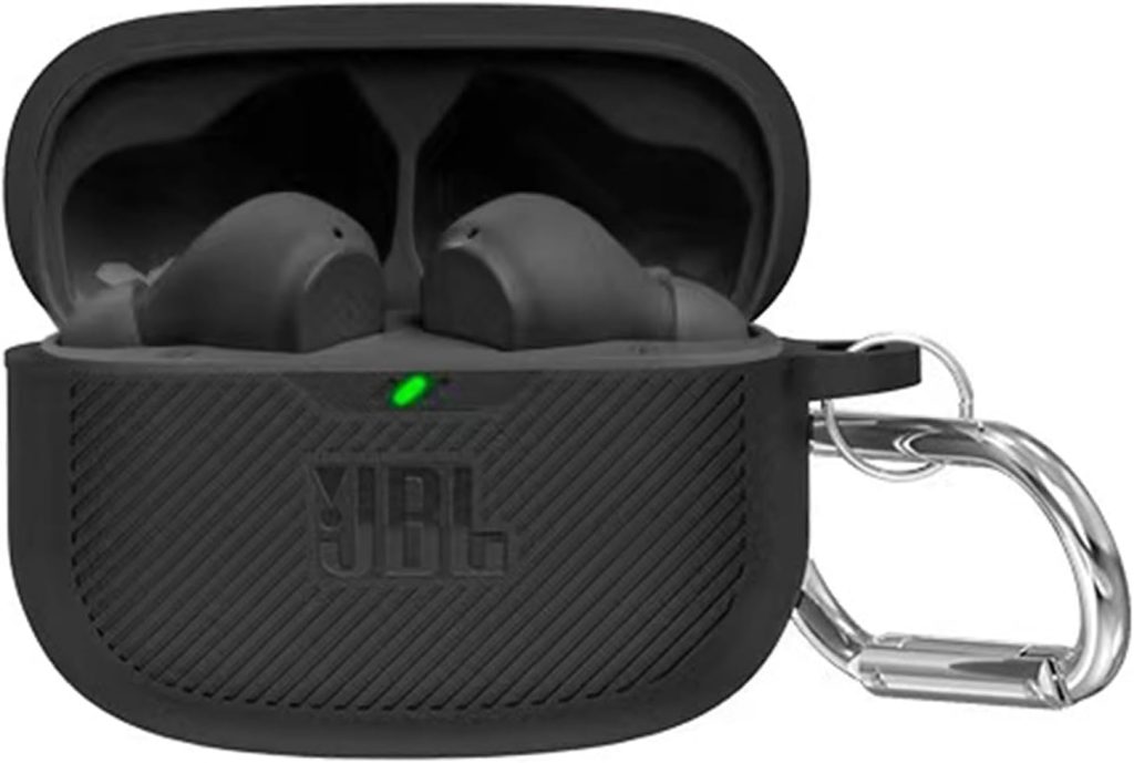 [Upgrade] VAEKNVG Silicone Case Compatible with JBL Vibe 200TWS/ JBL Vibe Beam, Shockproof Protective Earbuds Case with Carabiner Accessories(Black)