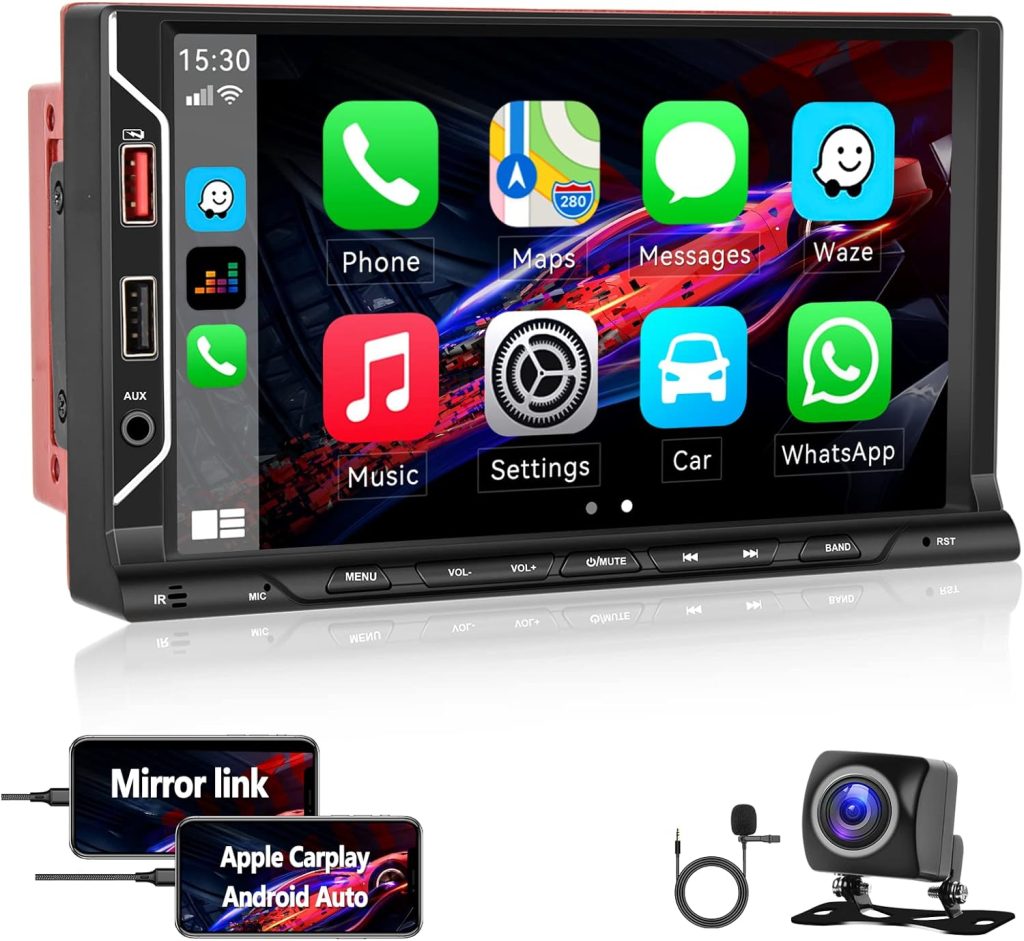 [Upgrade Wireless] Double Din Car Stereo Radio Compatible with Wireless Carplay Android Auto/Mirror Link, 7 Inch HD Touchscreen Bluetooth, Backup Camera, USB/TF/AUX Port, A/V Input, FM