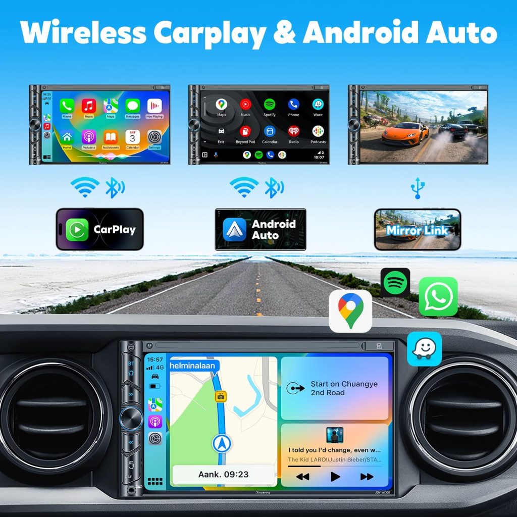[Upgrade Wireless] Double Din Car Stereo with Wireless Apple Carplay, Android Auto - 7 Inch HD Touchscreen, Bluetooth, Subw, Steering Wheel, MirrorLink, USB/SD/AM/FM Car Radio Receiver, Backup Camera