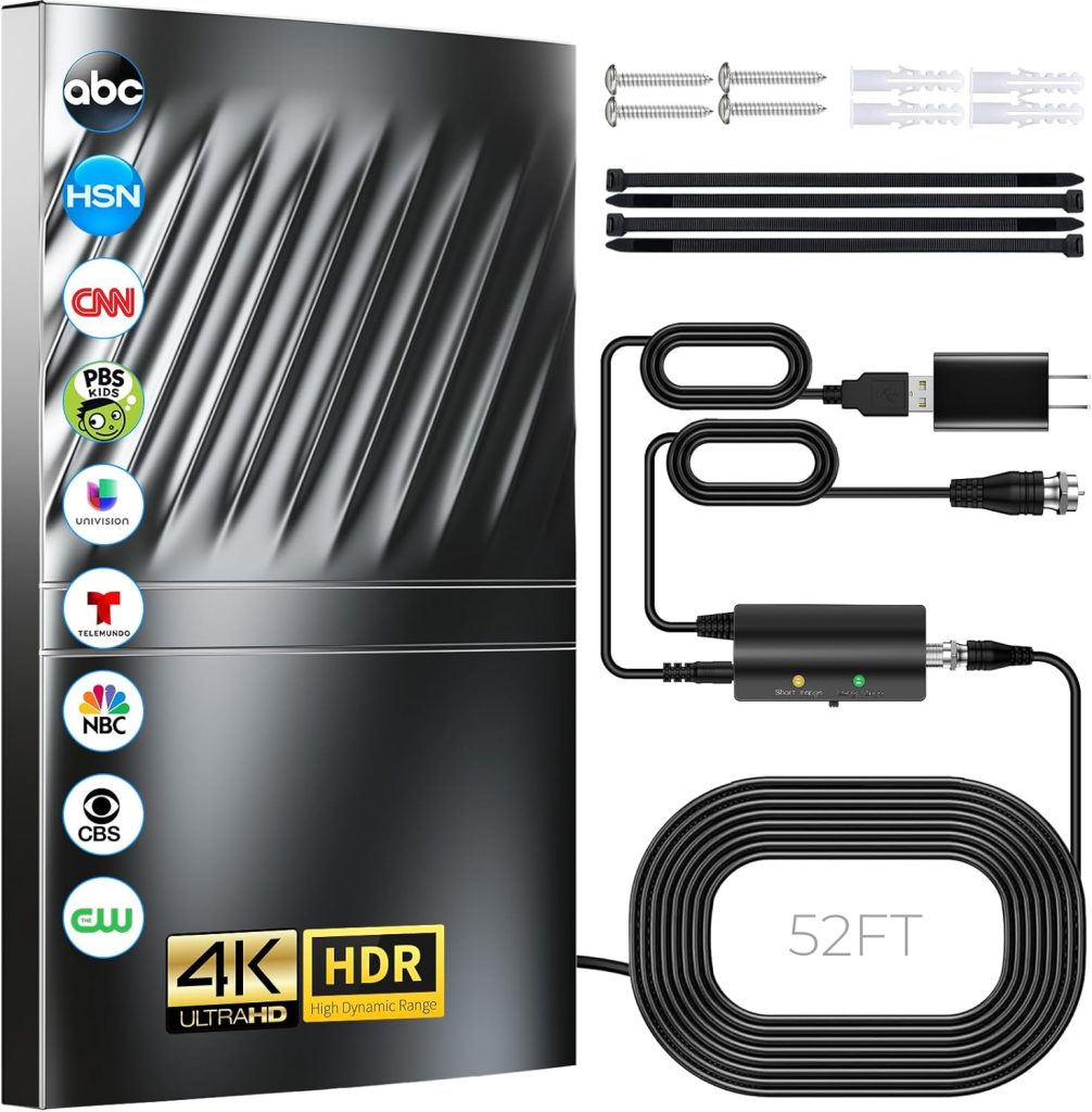 Upgraded 1600+ Miles Range TV Antenna-Digital TV Antenna for Smart TV and Old TVs- HD Antenna for TV Indoor Outdoor with Amplifier and Signal Booster-52ft Coax HDTV Cable/AC Adapter- Support 4K 1080p