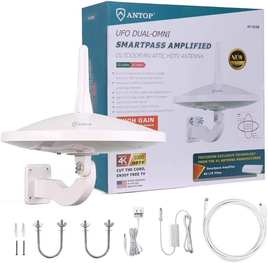 Upgraded Version - ANTOP AT-415B 720° UFO Dual Omni-Directional Outdoor HDTV Antenna with Exclusive Smartpass Amplifier 4G LTE Filter, Fit for Outdoor/RV/Attic Use(33ft Coaxial Cable,4K UHD Ready)