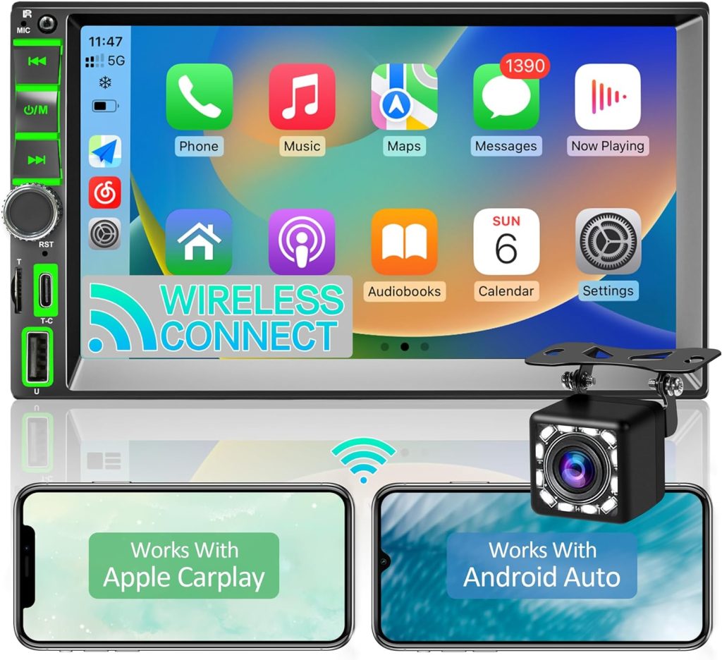 [Upgrade]Wireless CarPlay/Android Auto,Double Din Car Stereo Compatible with Voice Control,7In HD LCD Touchscreen Monitor, Bluetooth,Subwoofer,USB/Type-C/SD Port,A/FM Car Radio Receiver,Backup Camera