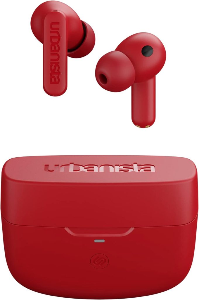 Urbanista Hybrid Active Noise Cancelling Wireless Earbuds, Deep Bass Splash Resistant Headphones, Bluetooth Multipoint Earphones, Transparency Mode, Wireless Charging Case, Atlanta, Vibrant Red