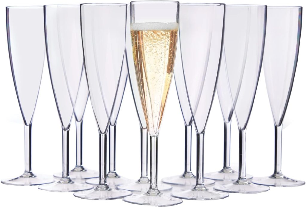 US Acrylic Plastic Reusable Champagne Flute (Set of 12) Clear 5oz Stems | BPA-Free, Shatterproof, Made in USA | Top-Rack Dishwasher Safe