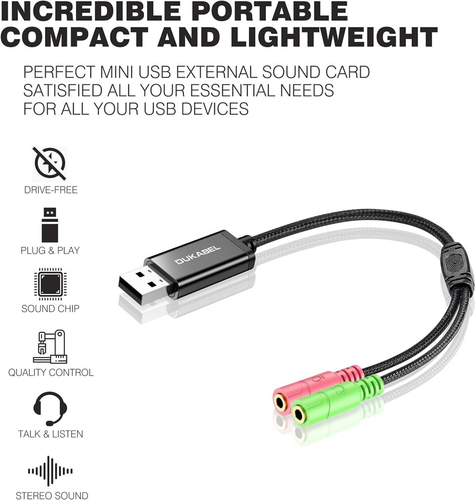 USB Audio Adapter, DuKabel USB to 3.5mm Jack TRS AUX Adapter for Built-in Chip USB Sound Card for Headset with Separate Plug TRS 3 Pole Microphones [Metal Housing  Durable Braided / 9.8inch]2PACK