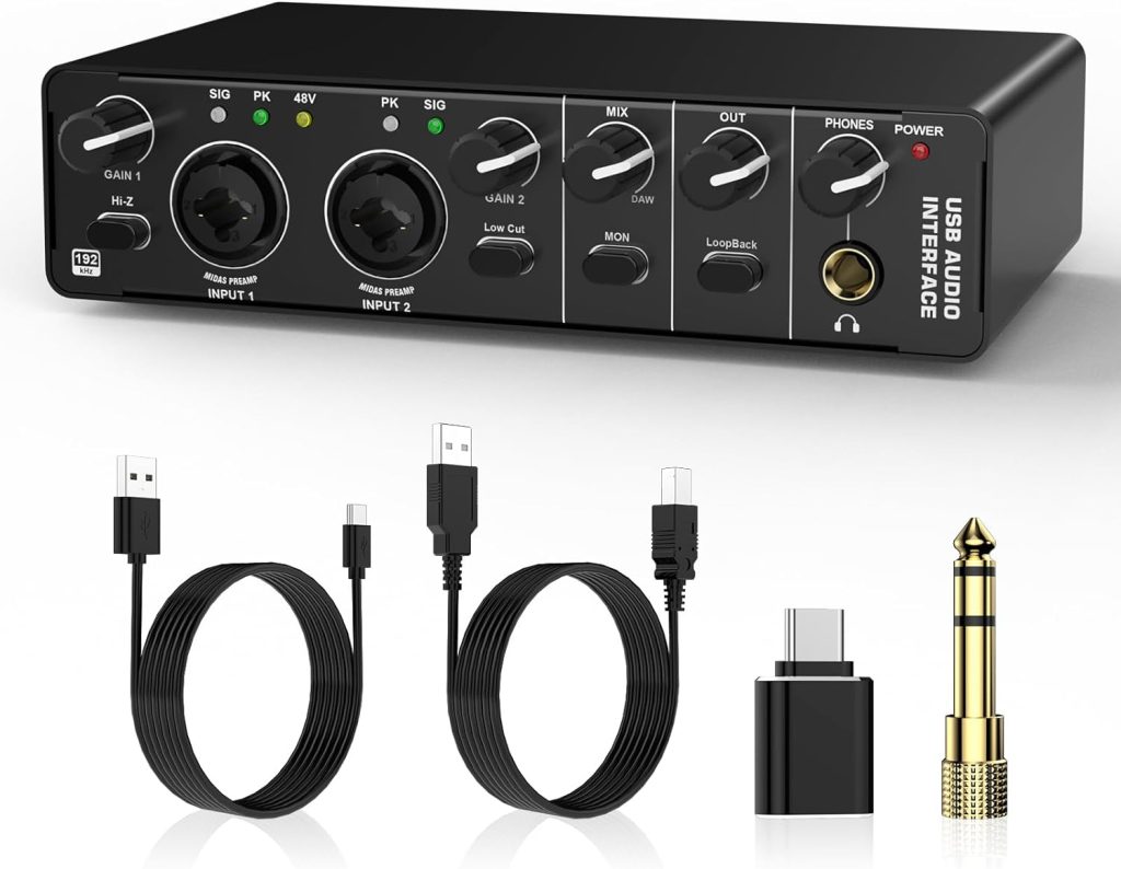 USB Audio Interface, RHM 2 In 2 Out Audio Interface with 48V Phantom Power for Recording, Professional Audio Mixer  Mic Preamplifier XLR/TSR/TS Ports for Guitarist, Vocalist, Podcaster or Producer