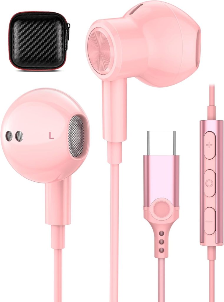 USB C Headphones for iPhone 15 Plus Galaxy Z Flip 5 Fold 4 3,Magnetic Type C Earphone Microphone Wired Earbuds Women Girl for Android Samsung S23 S22 S21 FE S20 Note 20 10 Google Pixel 8 7 Pro 6A 6