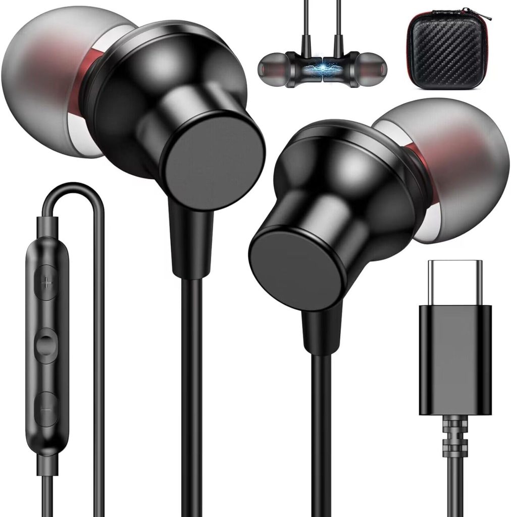 USB C Headphones Wired Earbuds for iPhone 15 Pro Max Samsung Z Flip 5 4 Fold Galaxy Tab S9 Ultra S23 FE Magnetic in-Ear Noise Canceling Type C Earphone Microphone Volume Control for iPad Air Pixel 8