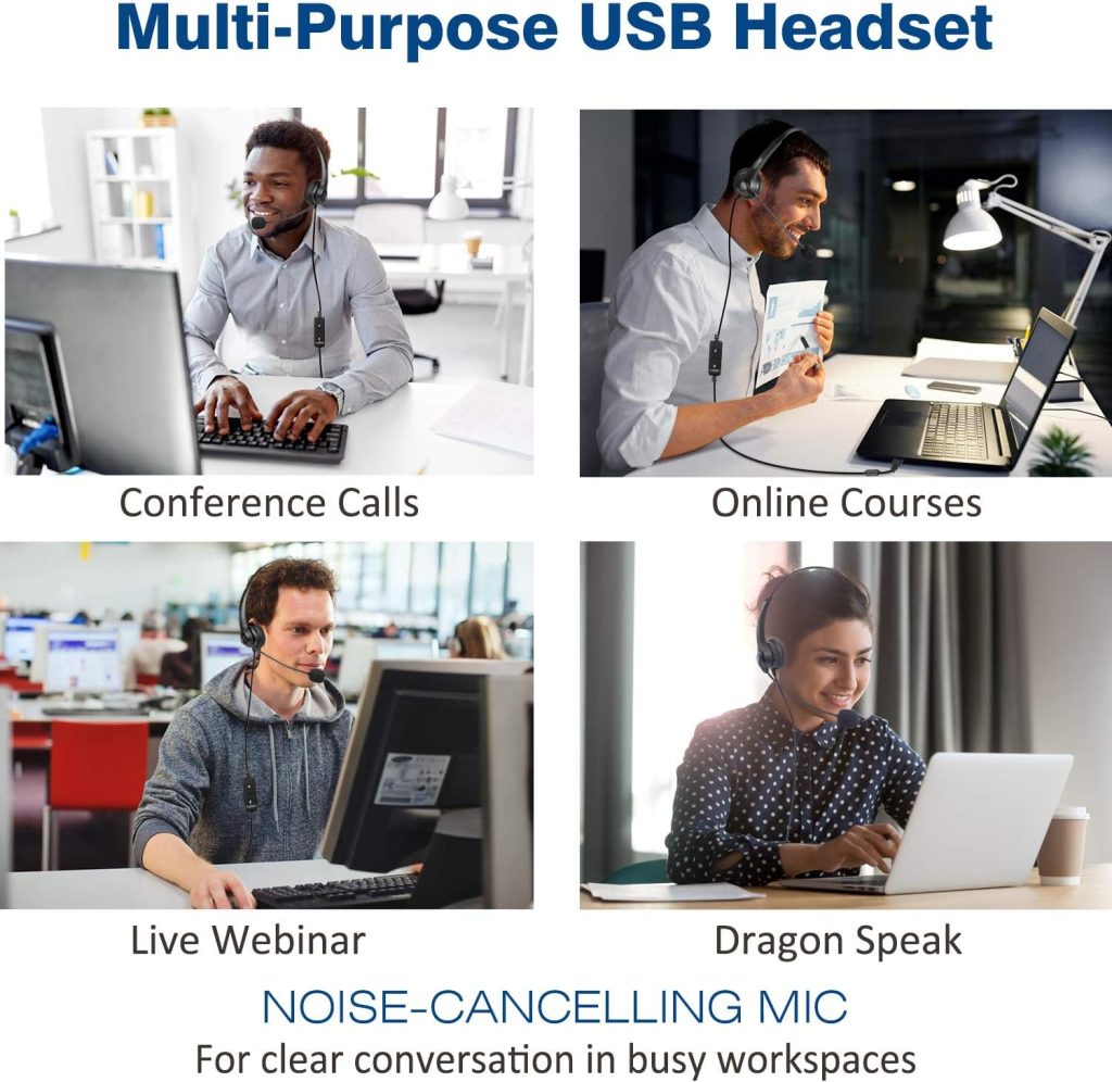 USB Headset with Microphone Noise Cancelling  Audio Controls, Stereo Computer Headphones for Business Skype UC Lync Softphone Call Center Office, Clearer Voice, Super Light, Ultra Comfort