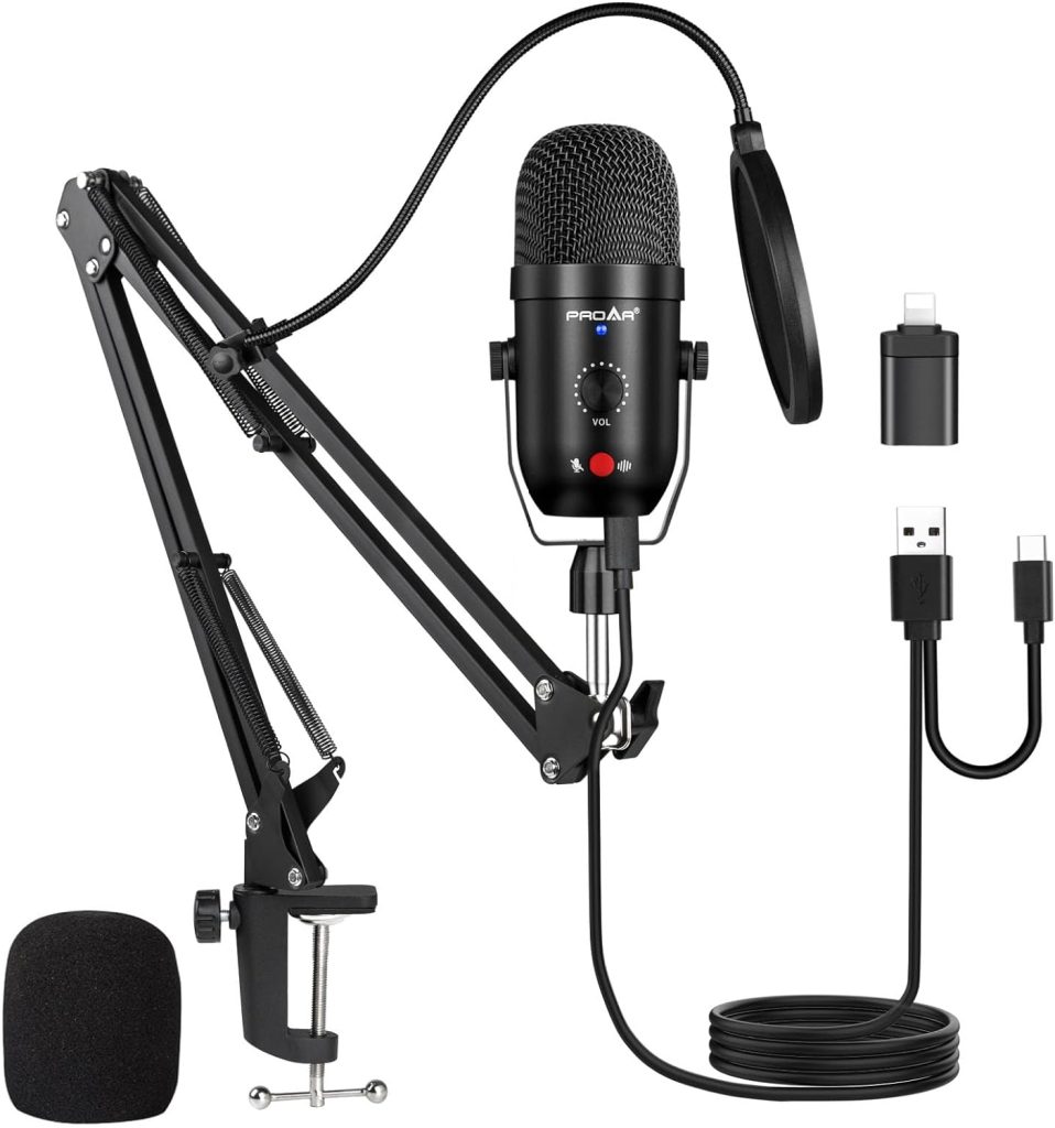 USB Microphone for PC Computer PS4 Cardioid Condenser ASMR Microphone Kit Metal Podcast Microphone for Streaming Gaming Studio Video Recording YouTube Noise Cancelling Mic Kit for Laptop,Phone,Mac