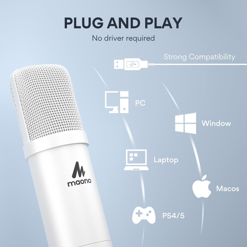 USB Microphone, MAONO 192KHZ/24Bit Plug  Play PC Computer Podcast Condenser Cardioid Metal Mic Kit with Professional Sound Chipset for Recording, Gaming, Singing, YouTube (AU-A04)