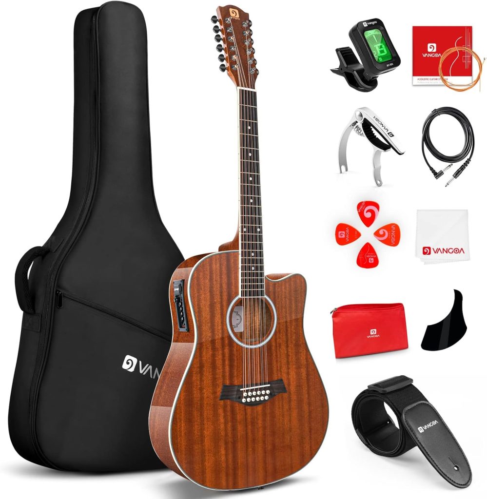 Vangoa 12 String Guitar, Twelve String Guitar Acoustic Electric Cutaway Guitar Bundle for Beginner Adults Teens, Upgraded Starter Kit, Sapele Body, Brown, Gloss(VA21CE NT12)