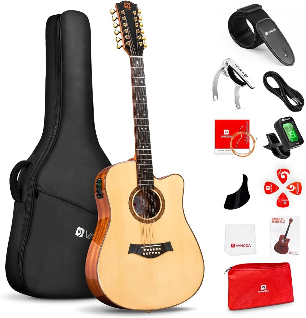 Vangoa Advanced 12 String Guitar Full Size Set, Twelve String Guitar Acoustic Electric 4 Band EQ Electroacoustic Guitar for Beginner Adults Intermediate, Spruce Top, Built-in Tuner, Glossy Natural