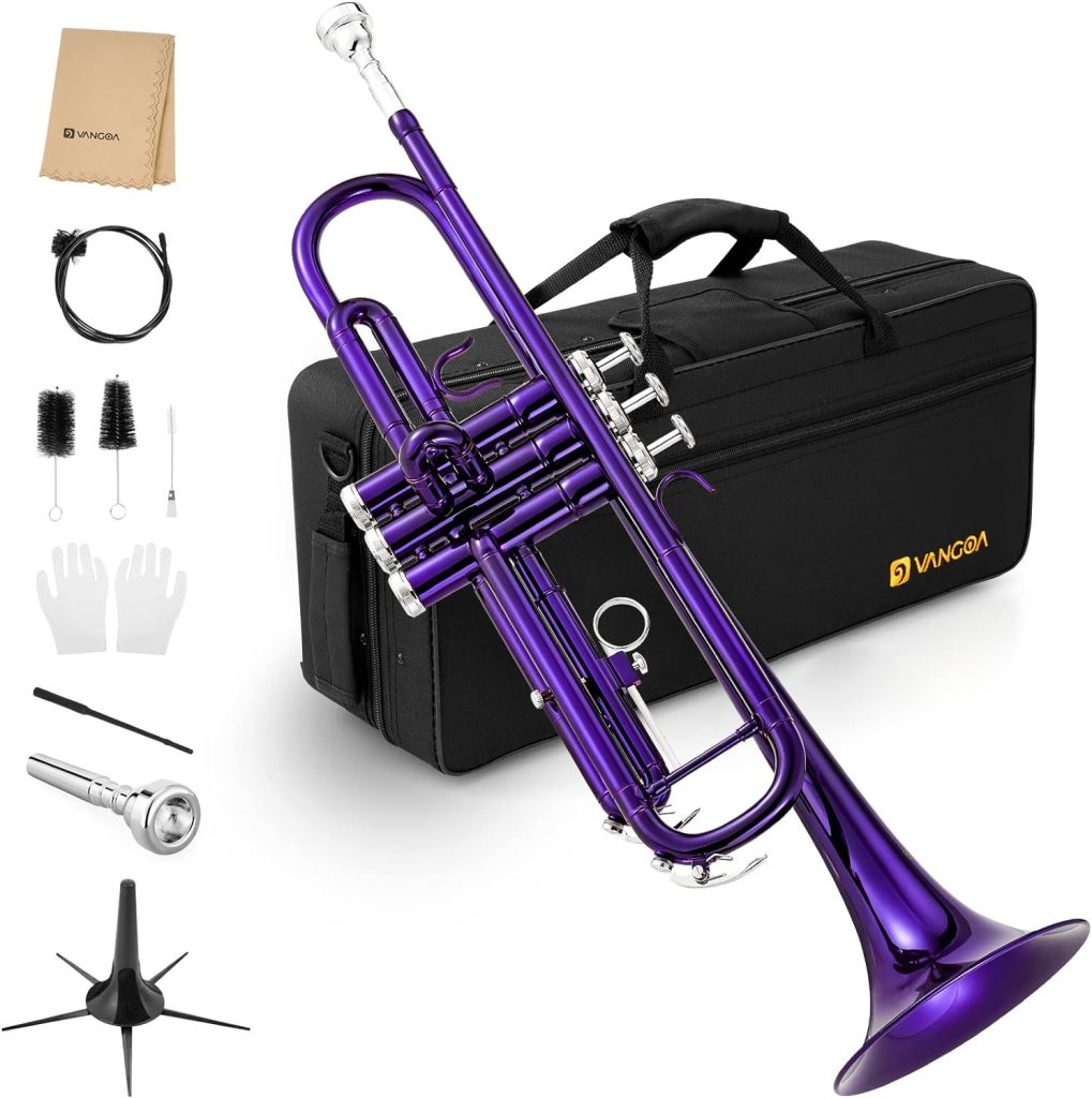 Vangoa Bb Trumpet Standard Brass Purple Trumpet for Beginners Students with Hard Case, Stand, 7C Mouthpiece, Gloves, Valve Oil and Cleaning Kit