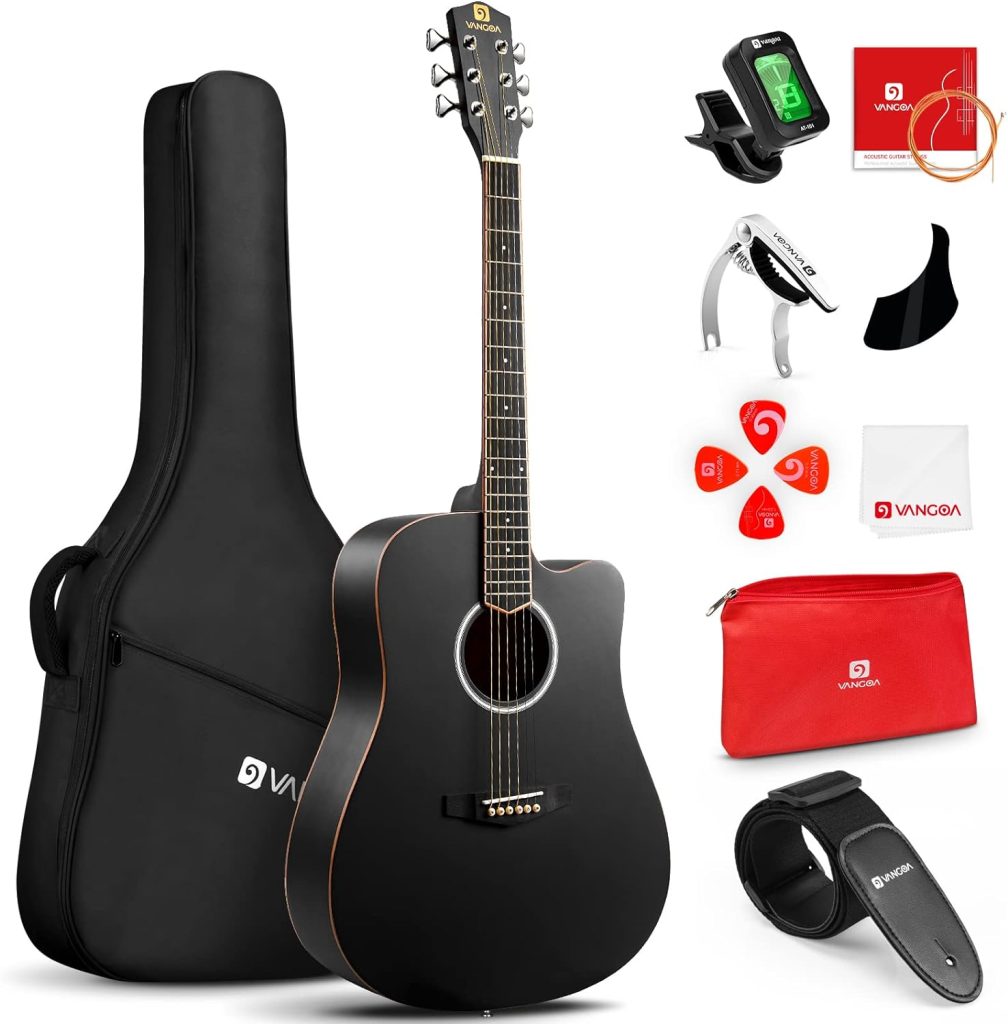 Vangoa Black Acoustic Guitar for Beginner Adult Teen Full Size Cutaway Acoustic Guitar Starter Kit 41 Inch Acustica Guitarra Starter Set
