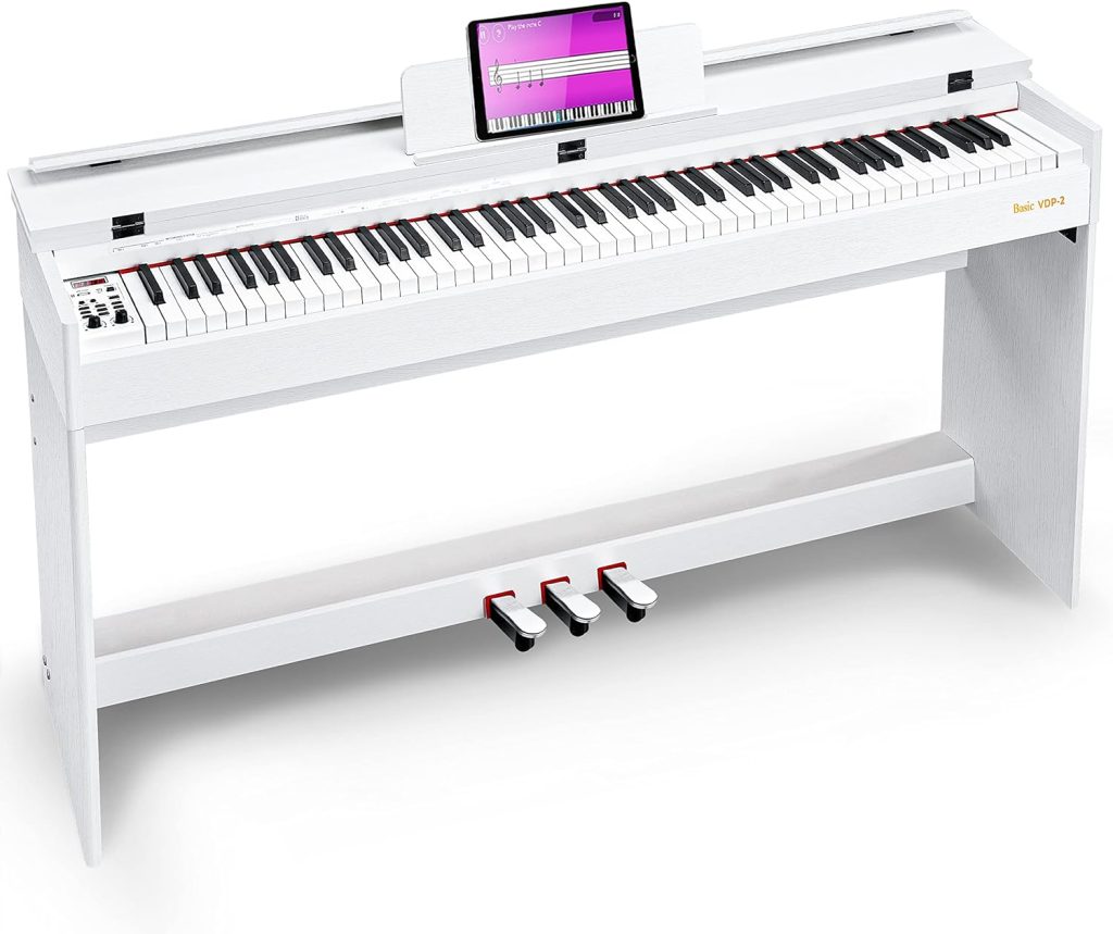 Vangoa Digital Piano, 88 Keys White Weighted Hammer Action Home Digital Piano Full size with Furniture Stand, Flip Key Cover, Three Pedals and Power Adapter