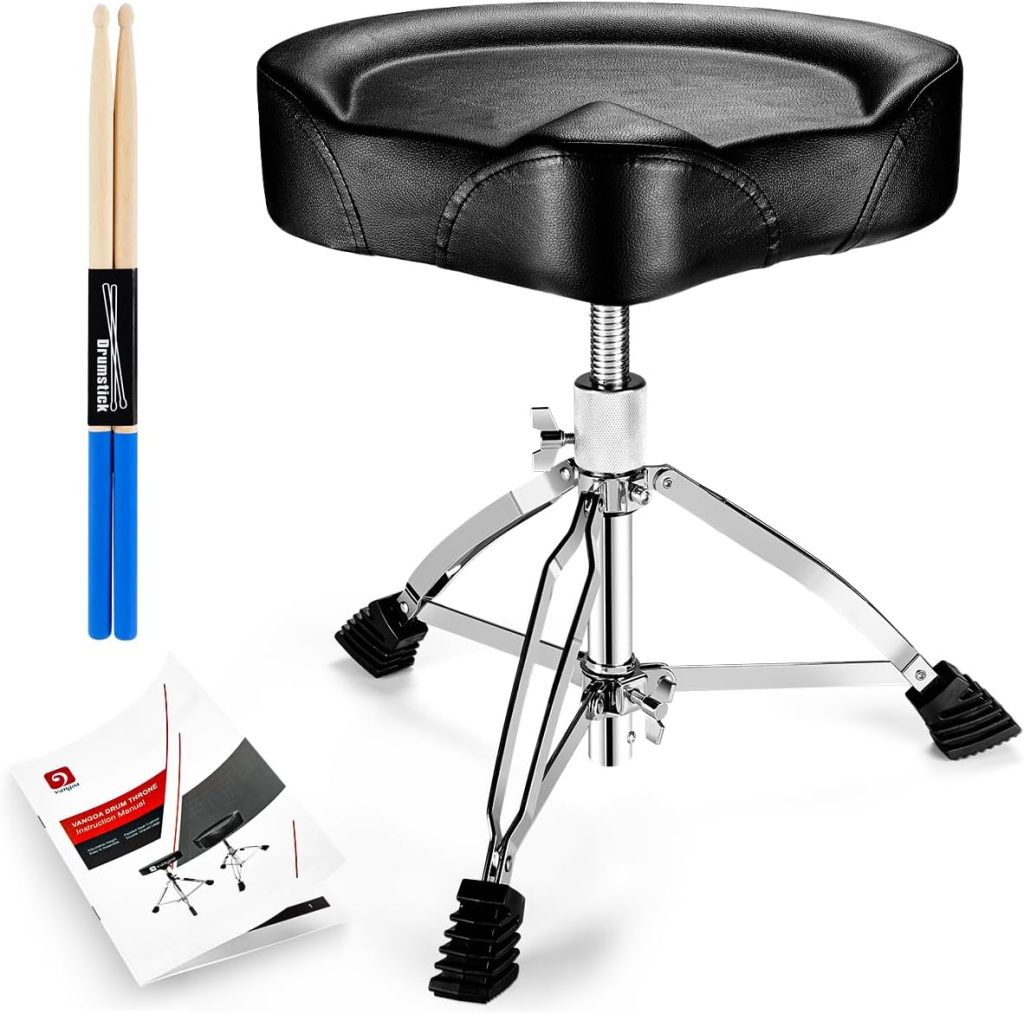 Vangoa Drum Throne Saddle Height Adjustable Padded Drum Seat Stools Chair Motorcycle Style with Double Braced Anti-Slip Feet and 5A Drumsticks for Adults Drummers