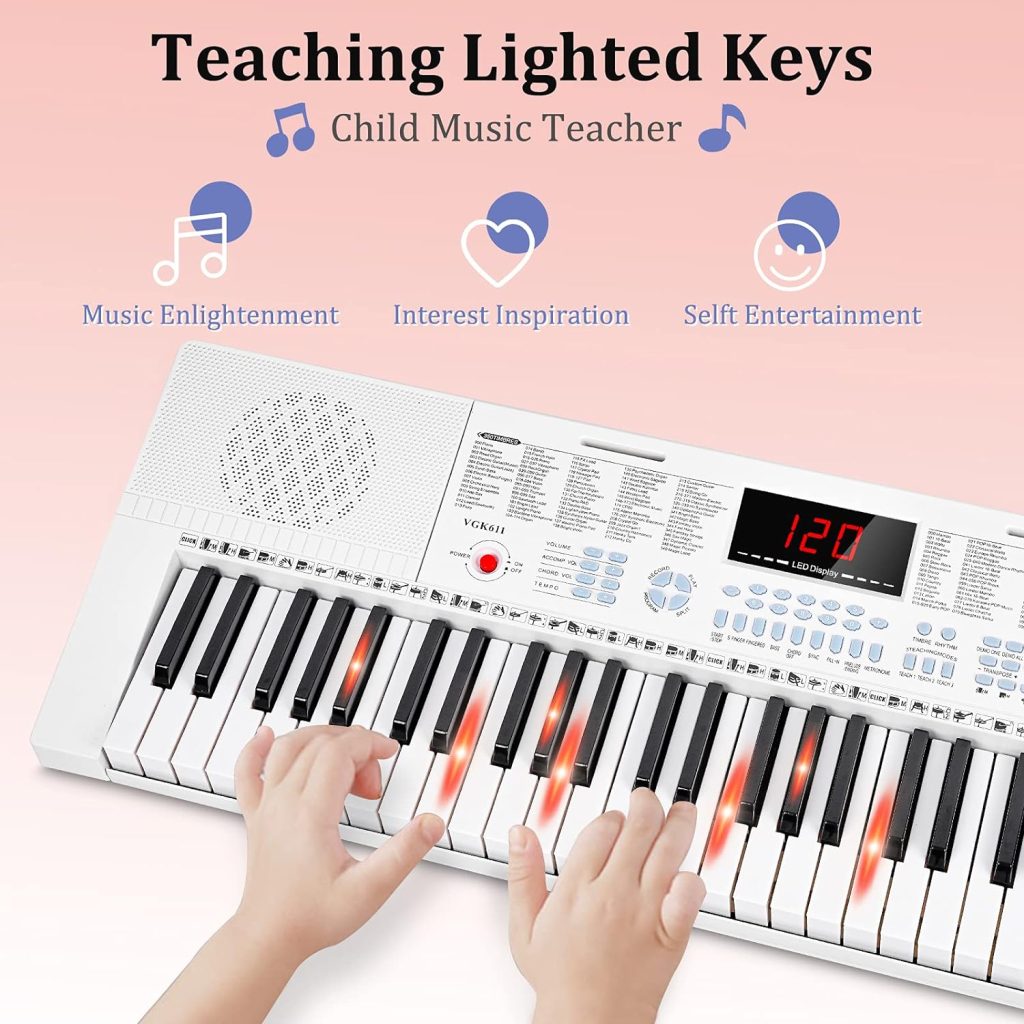 Vangoa VGK611 Piano Keyboard for Beginner, 61 Keys Electric Keyboard Piano Portable Music Keyboard with Mini Lighted Keys, Electronic Piano for Kids Boy Girl, White