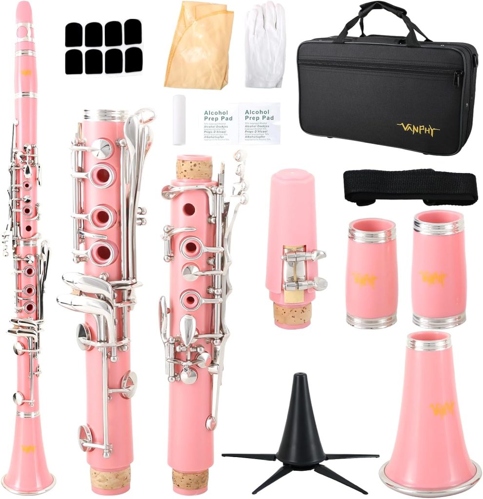 VANPHY B-flat Clarinet for College Student, Ebonite Bb Clarinet Beginner, Clarinet ABS Material, Clarinet 17 Nickel-plated Keys, Clarinet Professional with case Barrels Cushion… (Pink)