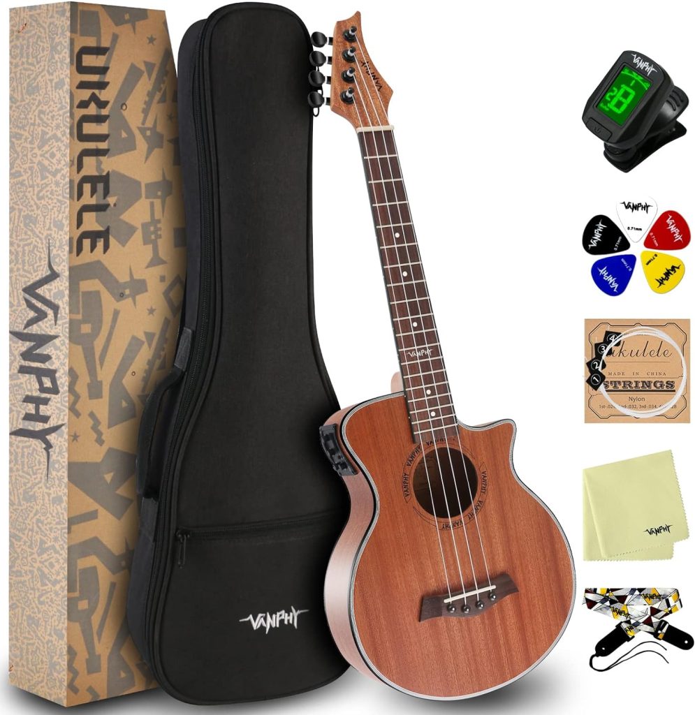 VANPHY Electric Concert Ukulele for beginners, Acoustic-Electric Ukelele 23 inch Adults Starter, Professional Electric Concert uke sapele Bundle with gig bag tuner picks (Concert-EQ)