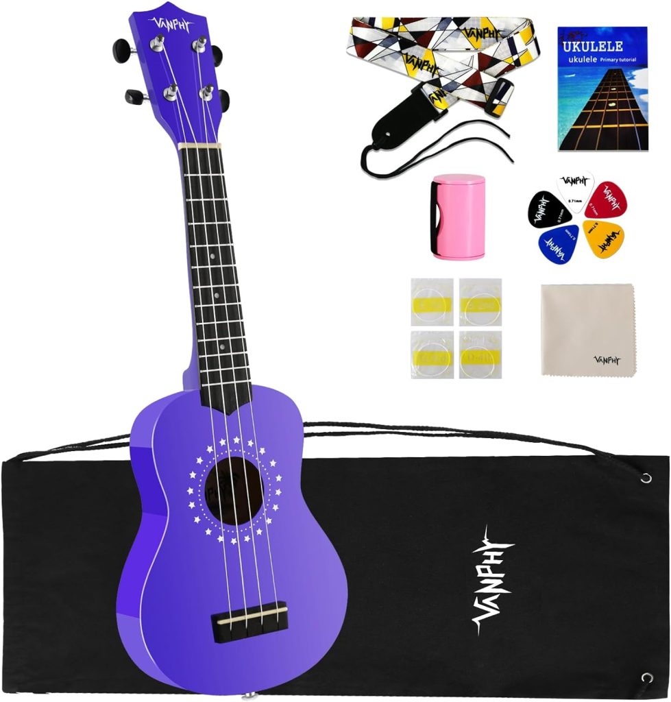 VANPHY Soprano Ukulele for Kids，21 Inch Ukelele with Bag Strap Picks Songbook Cleaning Cloth Suitable for Adults and Beginners（Purple）