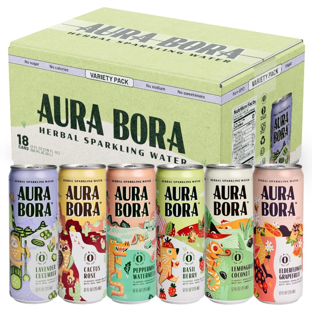 Variety Pack Herbal Sparkling Water by Aura Bora, 12 oz Can (Pack of 18), 0 Calories, 0 Sugar, 0 Sodium, Non-GMO