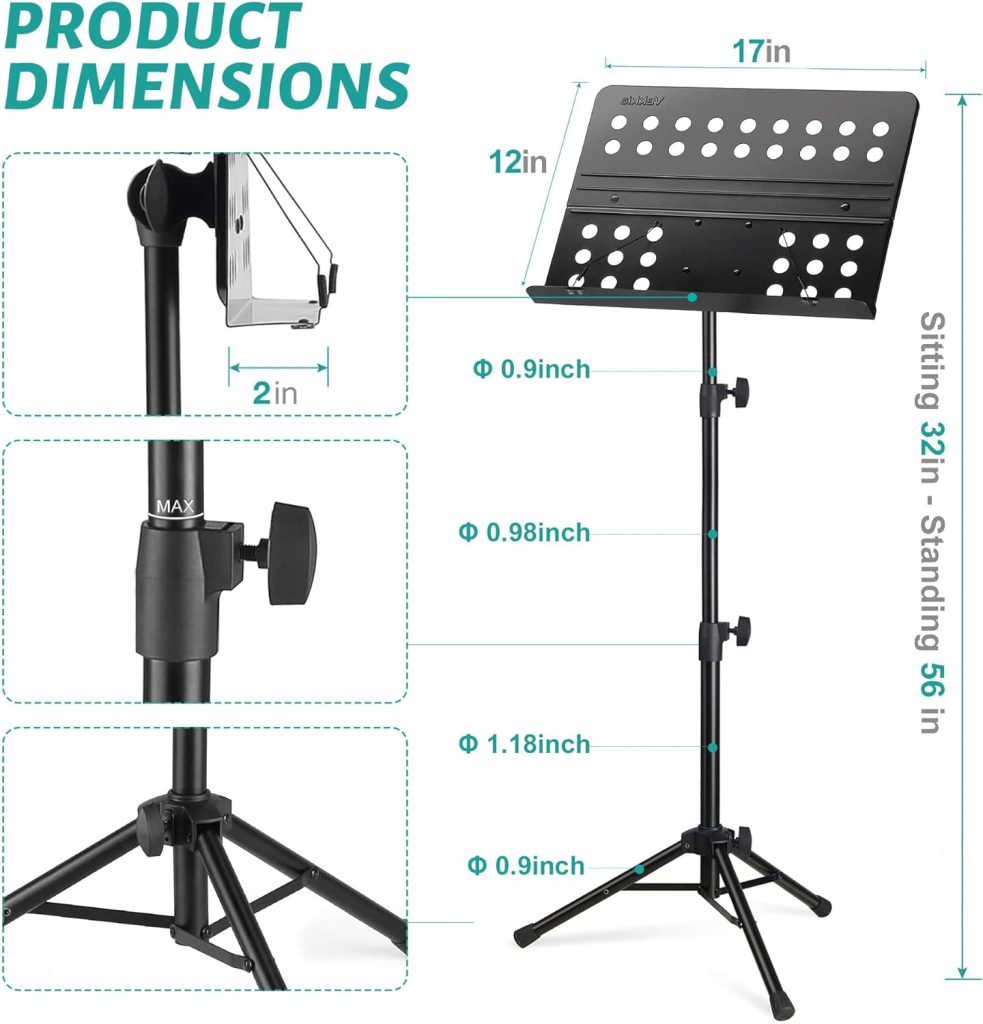 Vekkia Sheet Music Stand-Metal Professional Portable Perforated Music Stand with Carrying Bag,Folding Adjustable Music Holder,Super Sturdy suitable for Instrumental Performance  Band  Travel